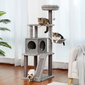 Wooden Cat Tree 4 Levels Platform for Large Cats Featuring with Fully Scratching Posts; Hammock; Padded Perch and Dangling Ball